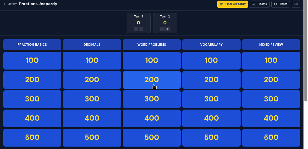 STEMEngine AI interactive Jeopardy board with category columns, point tiles, team scoreboard, and a Final Jeopardy button