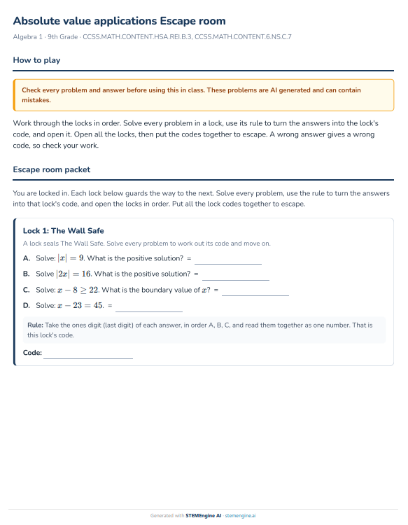 Algebra 1 escape room printable where students solve absolute value problems in each lock to build a code and open the way out