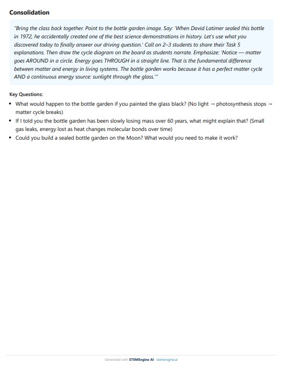 Middle school science consolidation page using a sealed bottle garden to contrast how matter cycles around while energy flows through living systems, with extension discussion questions