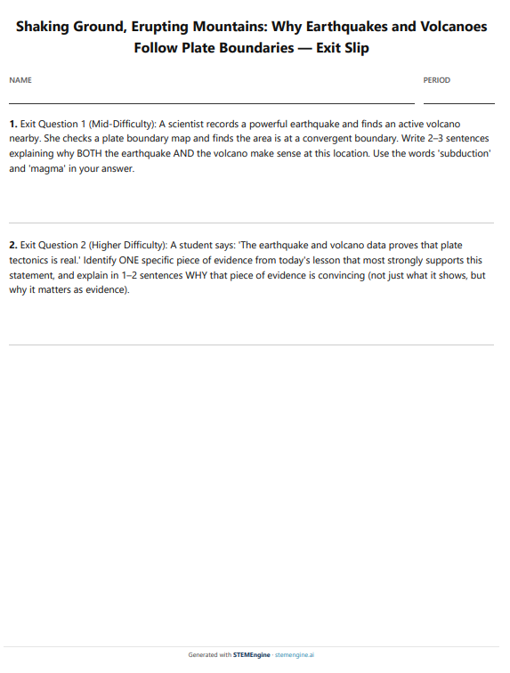 Earth science exit slip on earthquakes, volcanoes, and plate boundaries
