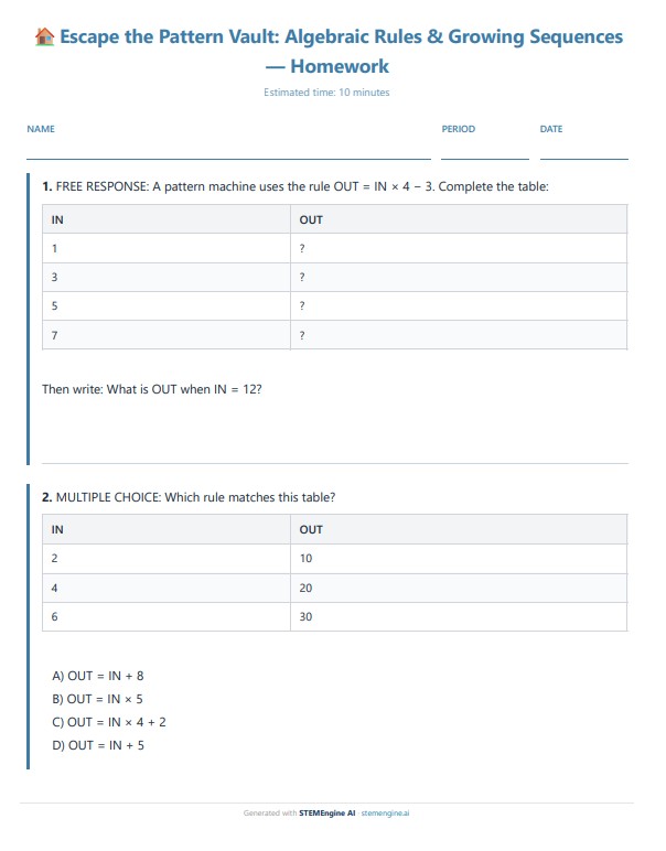Grade 4 algebraic patterns homework with input-output function tables and multiple-choice rule identification