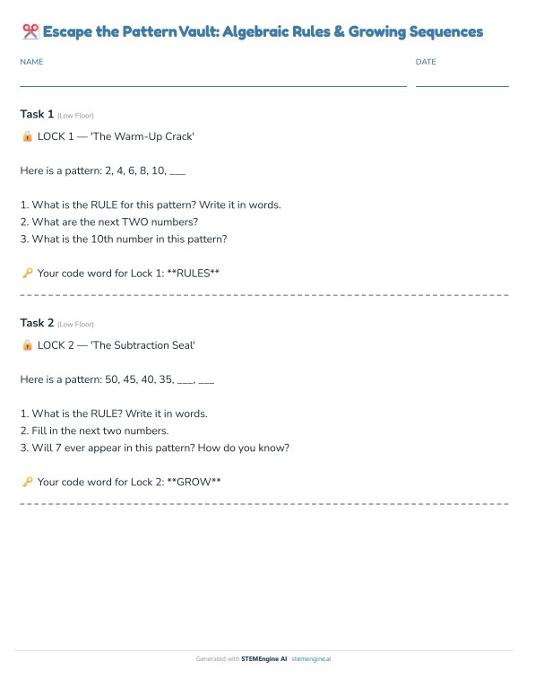 Grade 4 algebraic patterns escape-room worksheet with number sequences and rule-writing lock challenges