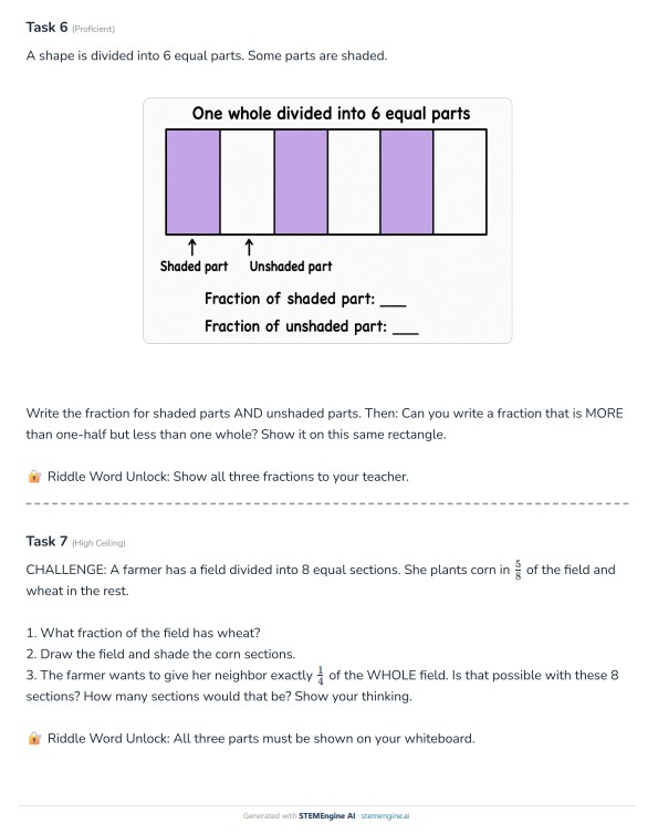 Grade 3 fractions task showing a whole divided into six equal parts with a high-ceiling farmer field challenge