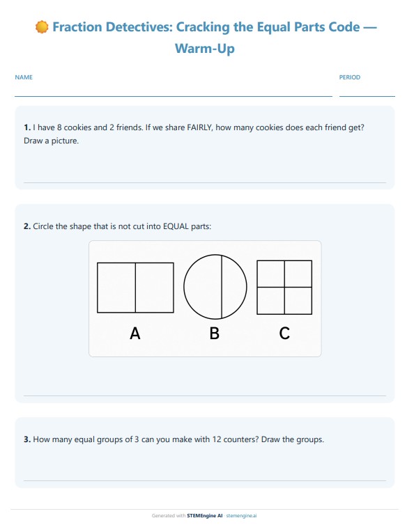 Grade 3 fractions warm-up worksheet on sharing fairly and identifying the shape that is not cut into equal parts