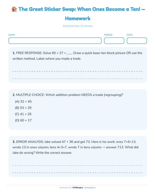 Grade 2 addition-with-regrouping homework sheet