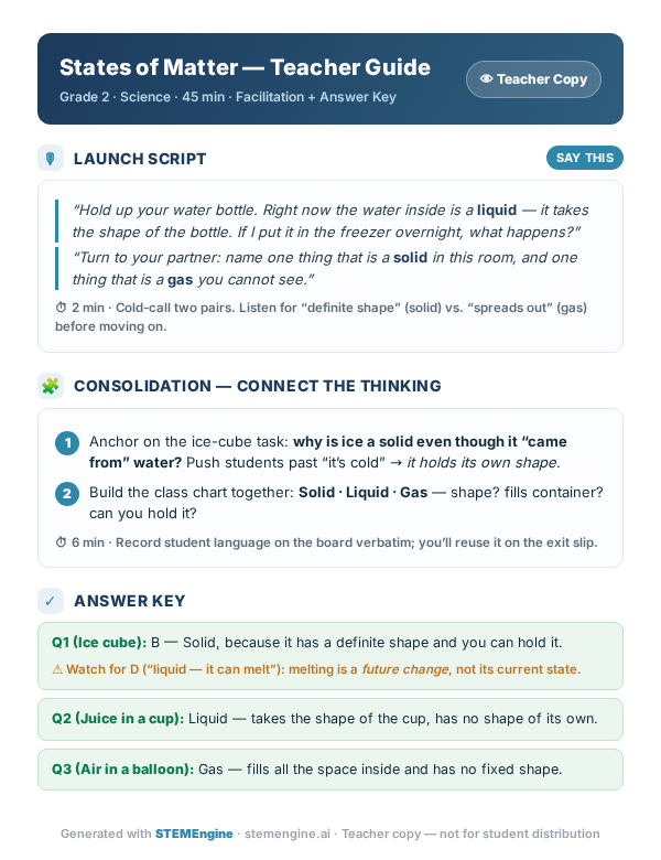 Teacher facilitation guide for a Grade 2 States of Matter lesson with launch script, consolidation prompts, and answer key